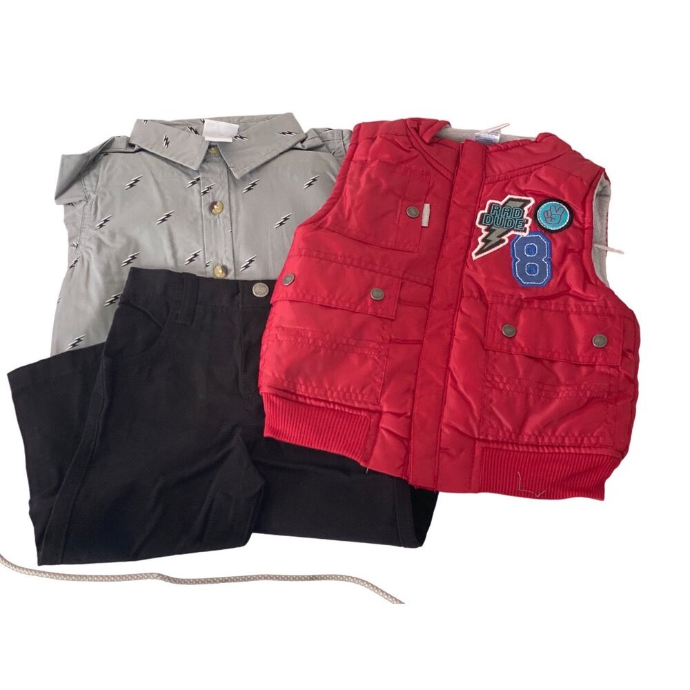 Boys Red Puffer Vest Lightning Patches Black Pant Gray Shirt  Print 3-Piece New